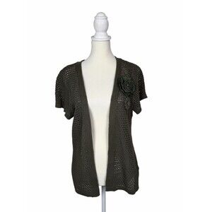 Olive Green Crochet Cardigan Boho Open Knit Sweater Floral Applique Lightweight